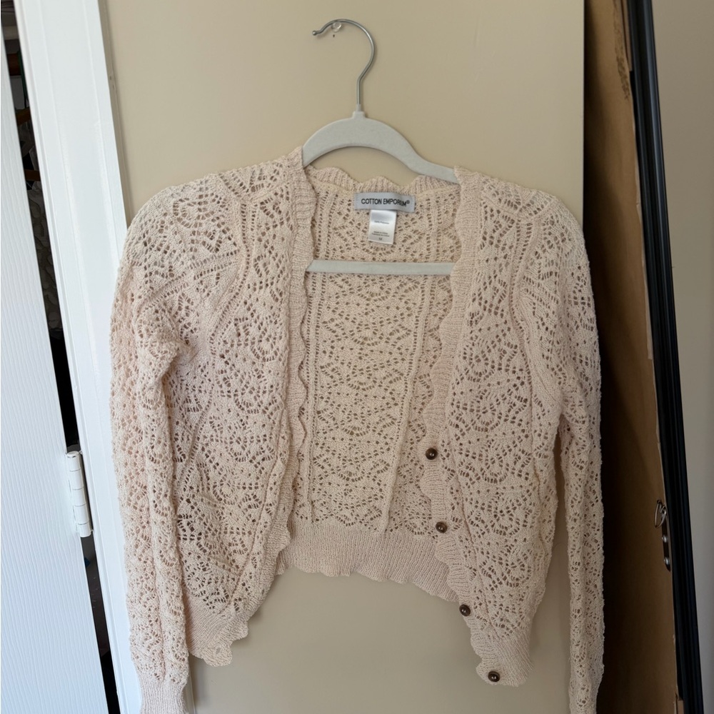 Cotton Emporium Light Cream Lace Knit Button-Front Cardigan